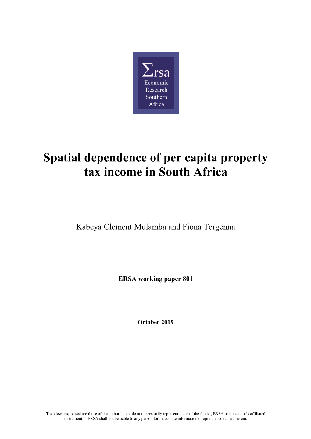 Spatial Dependence of Per Capita Property Tax Income in South Africa