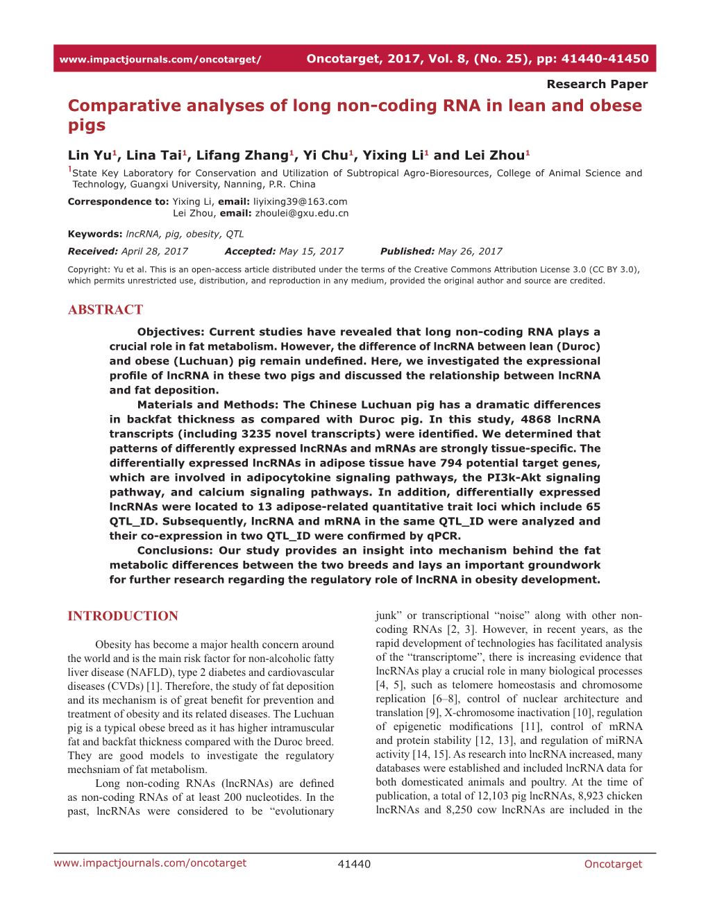 Comparative Analyses of Long Non-Coding RNA in Lean and Obese Pigs