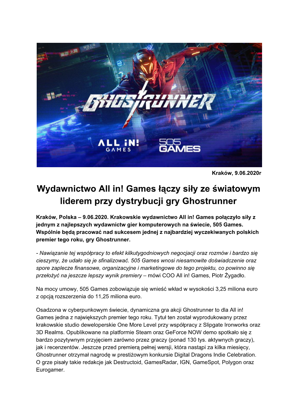 Wydawnictwo All In! Games Łączy Siły Ze Światowym Liderem Przy Dystrybucji Gry Ghostrunner