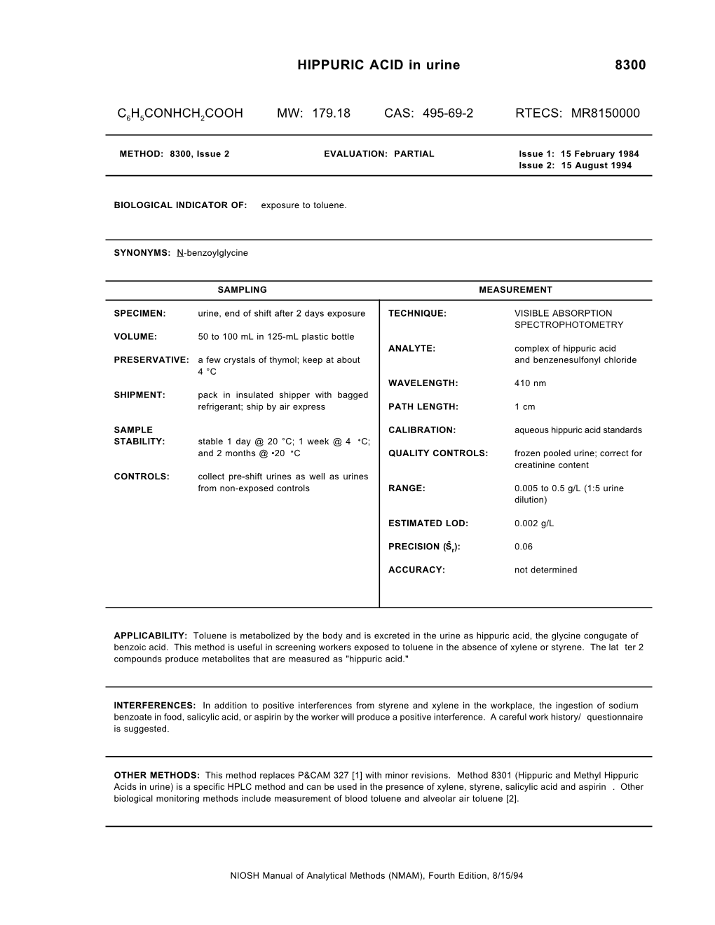 HIPPURIC ACID in Urine 8300