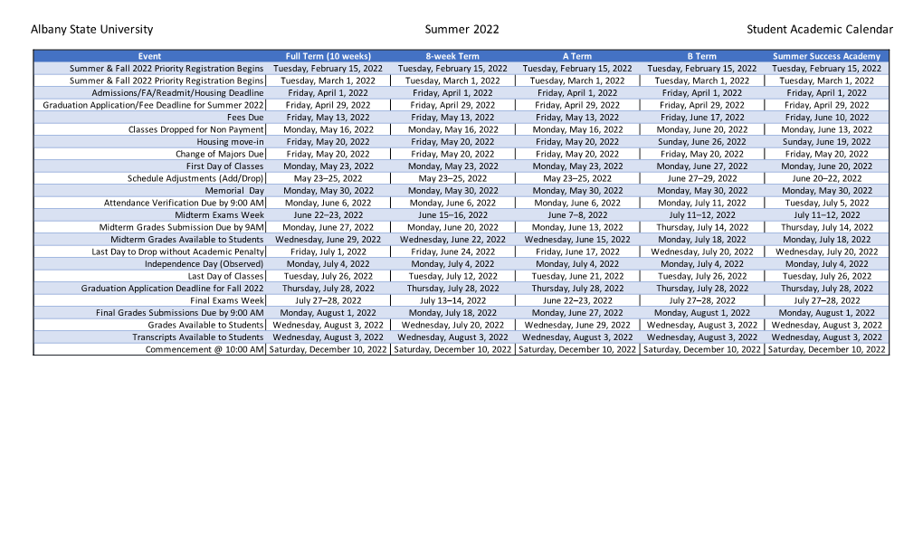 Summer 2022 Calendar