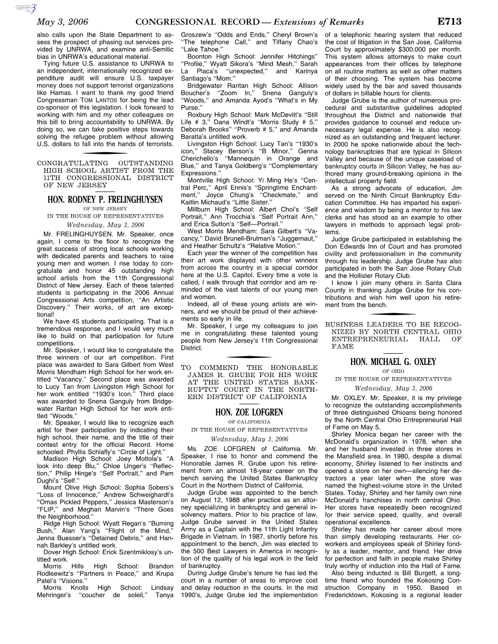 CONGRESSIONAL RECORD— Extensions of Remarks E713 HON. RODNEY P. FRELINGHUYSEN HON. ZOE LOFGREN HON. MICHAEL G. OXLEY