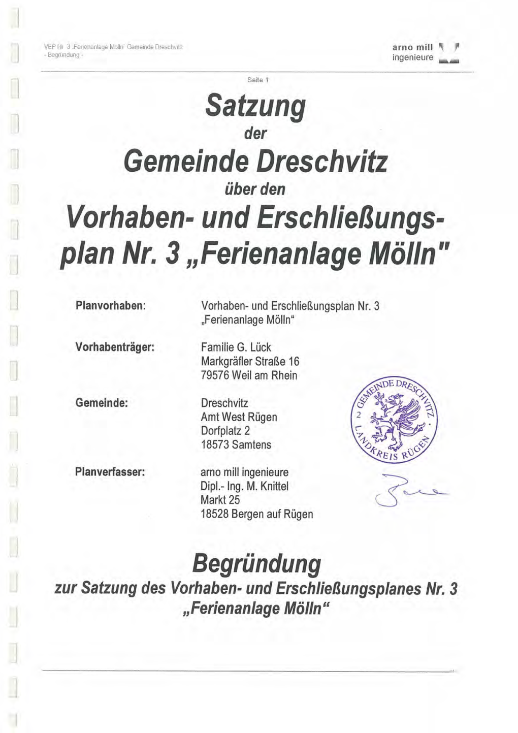 Satzung Gemeinde Dreschvitz Vorhaben- Und Erschließungs- Plan