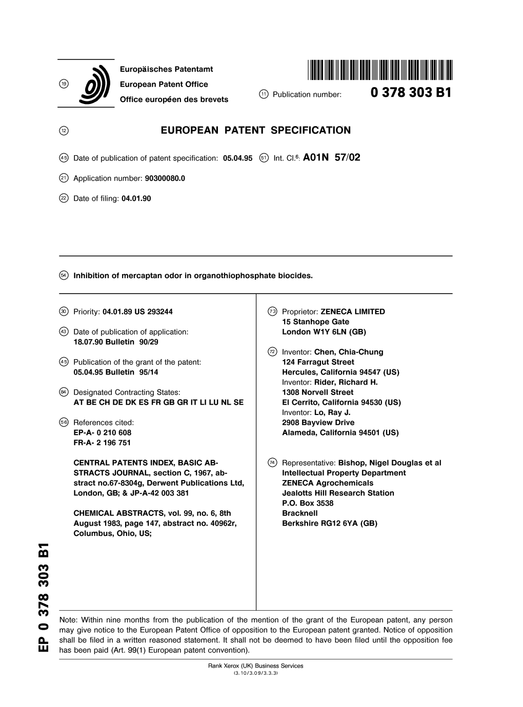 Inhibition of Mercaptan Odor in Organothiophosphate Biocides