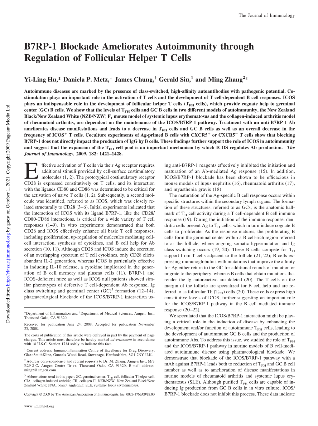 Cells Through Regulation of Follicular Helper T B7RP-1 Blockade