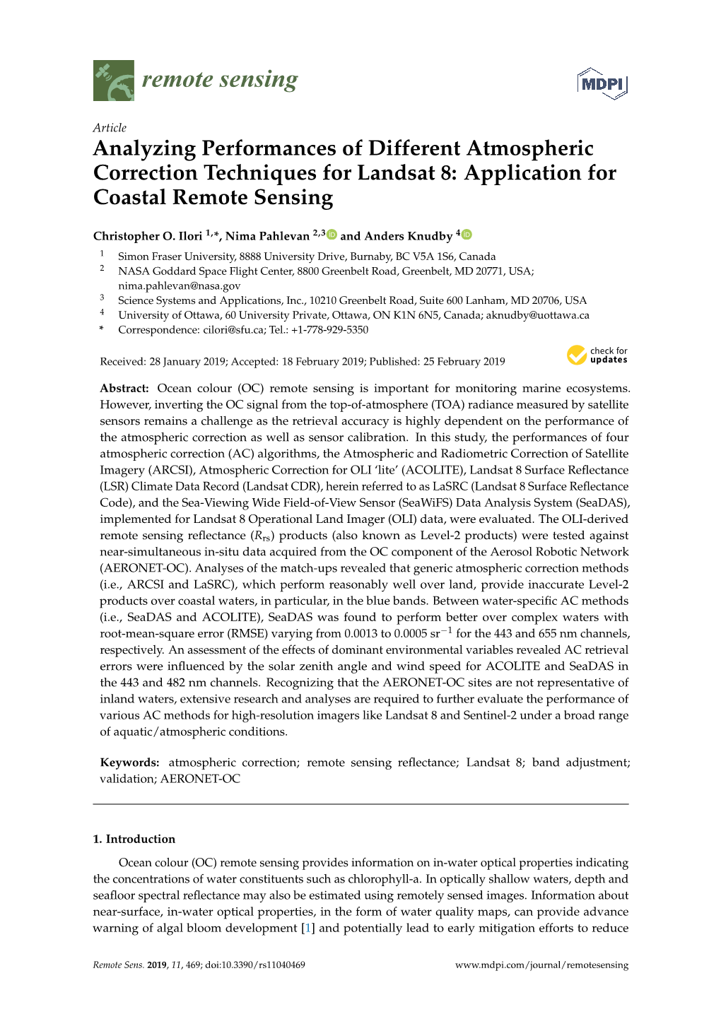 Analyzing Performances of Different Atmospheric Correction Techniques for Landsat 8: Application for Coastal Remote Sensing
