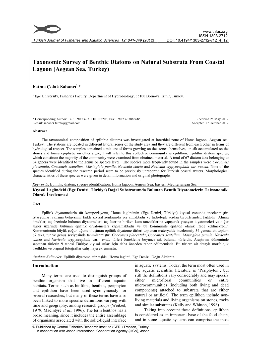 Taxonomic Survey of Benthic Diatoms on Natural Substrata from Coastal Lagoon (Aegean Sea, Turkey)