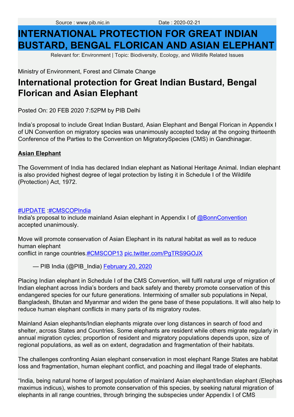 International Protection for Great Indian Bustard, Bengal Florican And