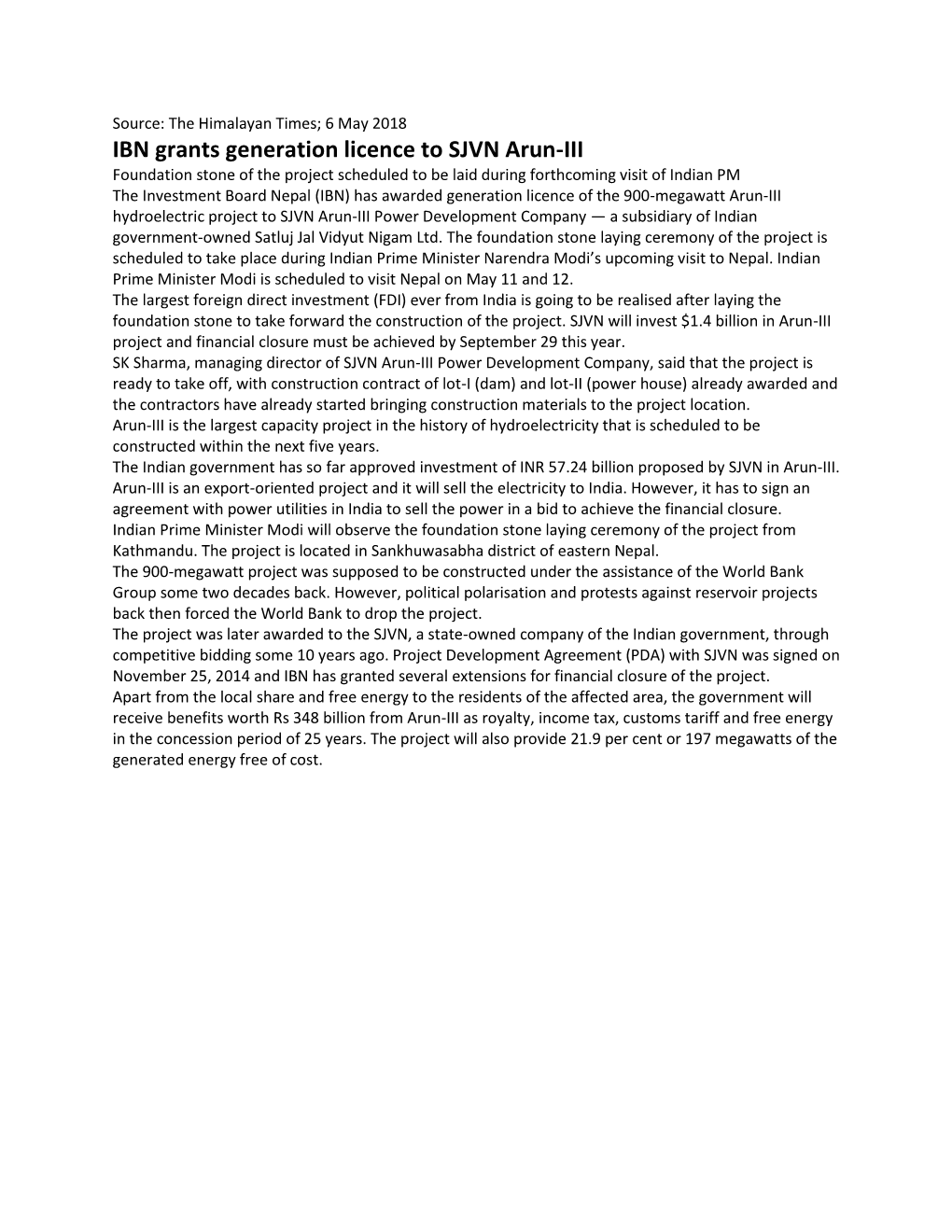 IBN Grants Generation Licence to SJVN Arun-III