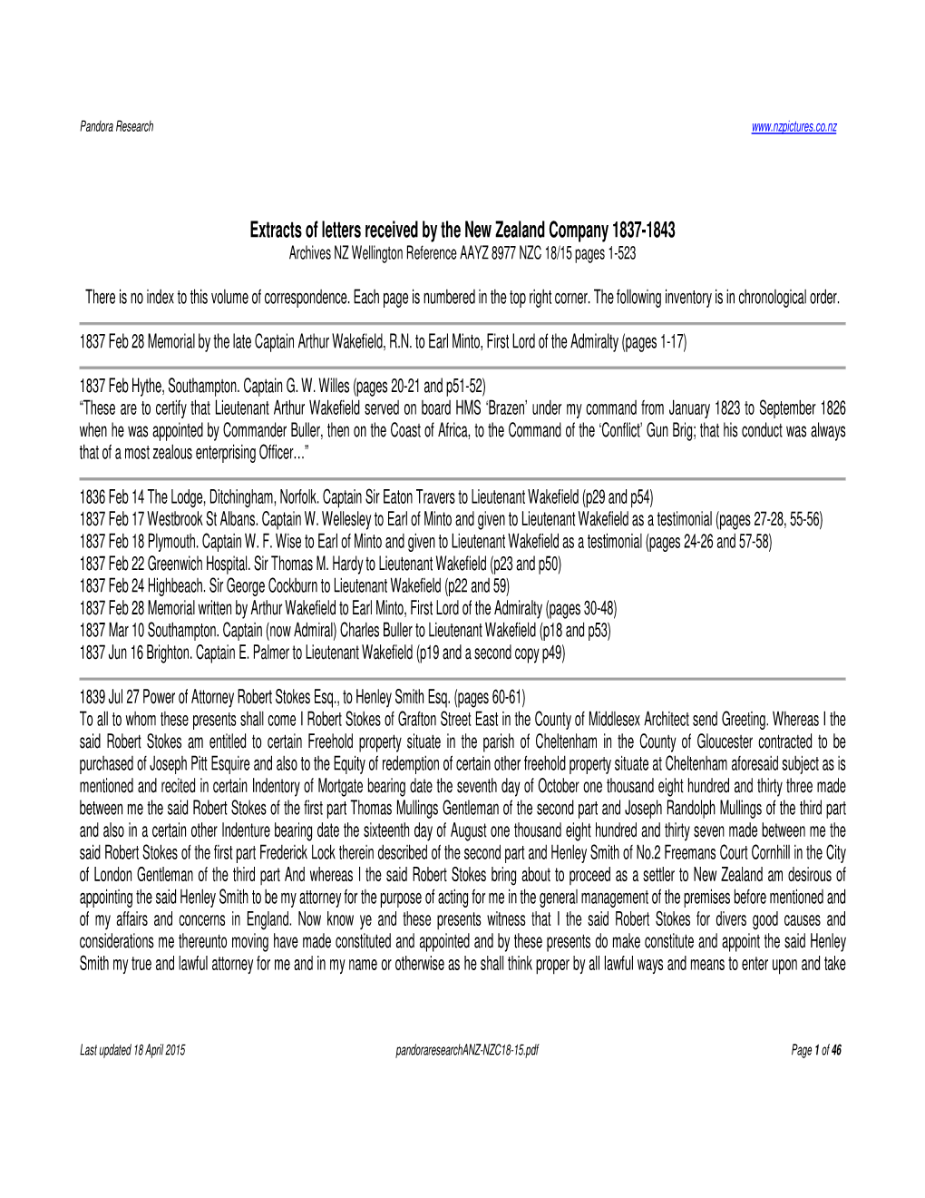 Extracts of Letters Received by the New Zealand Company 1837-1843 Archives NZ Wellington Reference AAYZ 8977 NZC 18/15 Pages 1-523