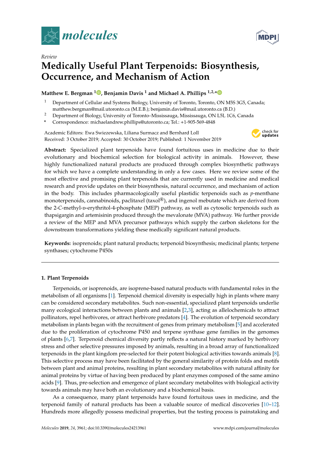 Medically Useful Plant Terpenoids: Biosynthesis, Occurrence, and Mechanism of Action