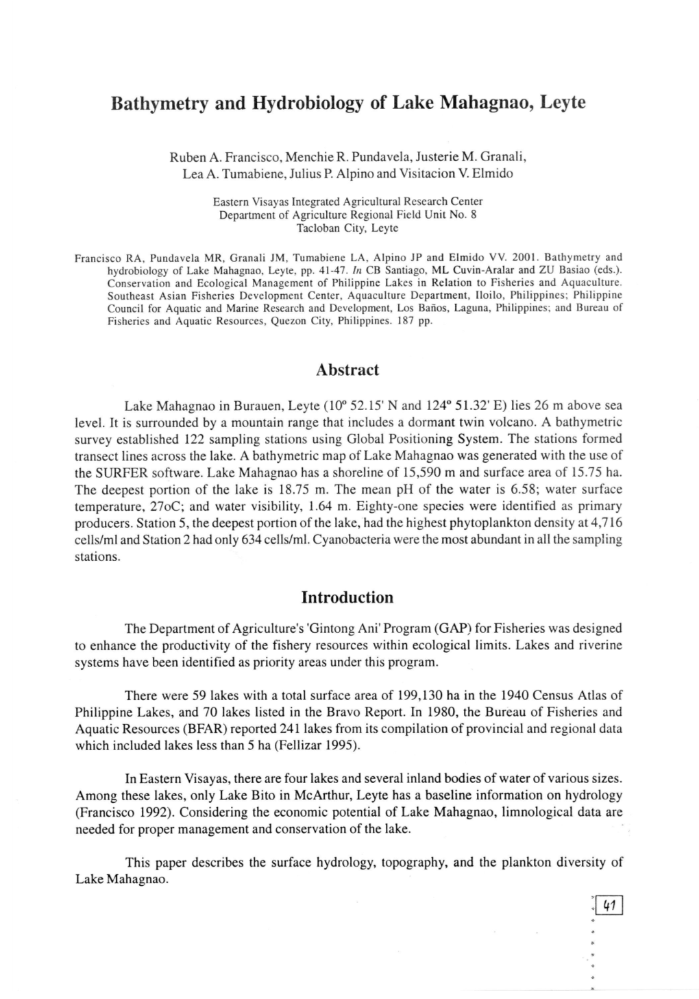 Bathymetry and Hydrobiology of Lake Mahagnao, Leyte