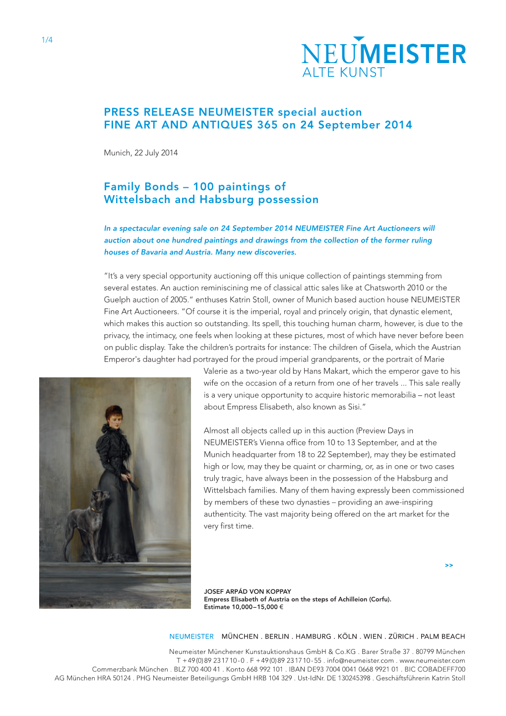 PRESS RELEASE NEUMEISTER Special Auction FINE ART and ANTIQUES 365 on 24 September 2014