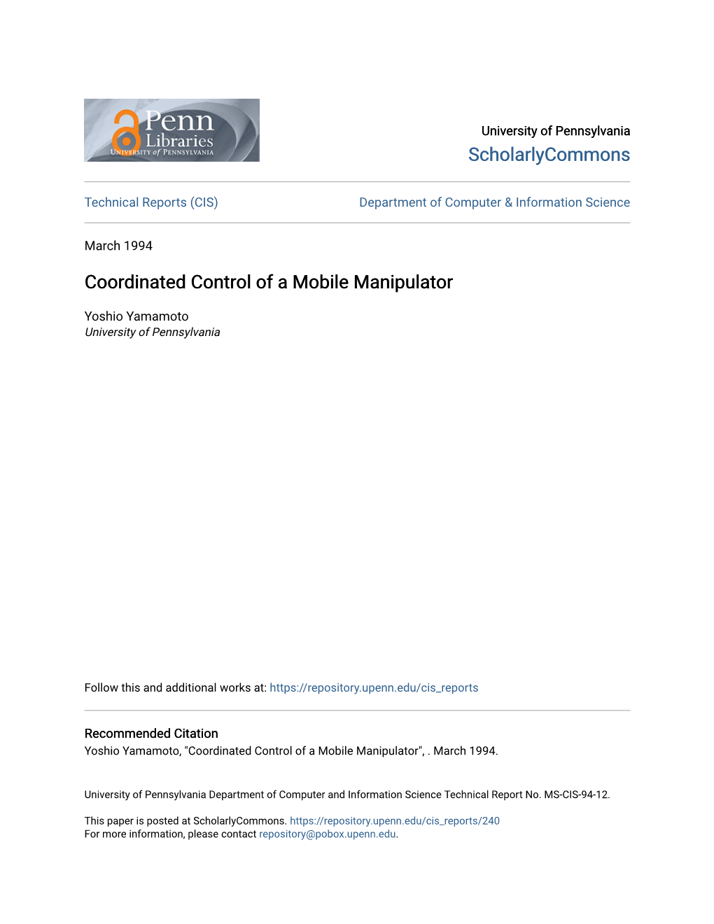 Coordinated Control of a Mobile Manipulator