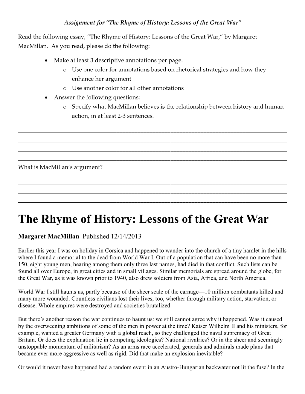 The Rhyme of History: Lessons of the Great War”