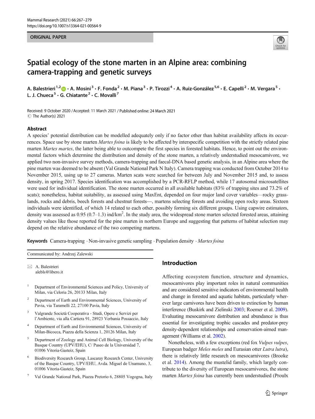 Spatial Ecology of the Stone Marten in an Alpine Area: Combining Camera-Trapping and Genetic Surveys