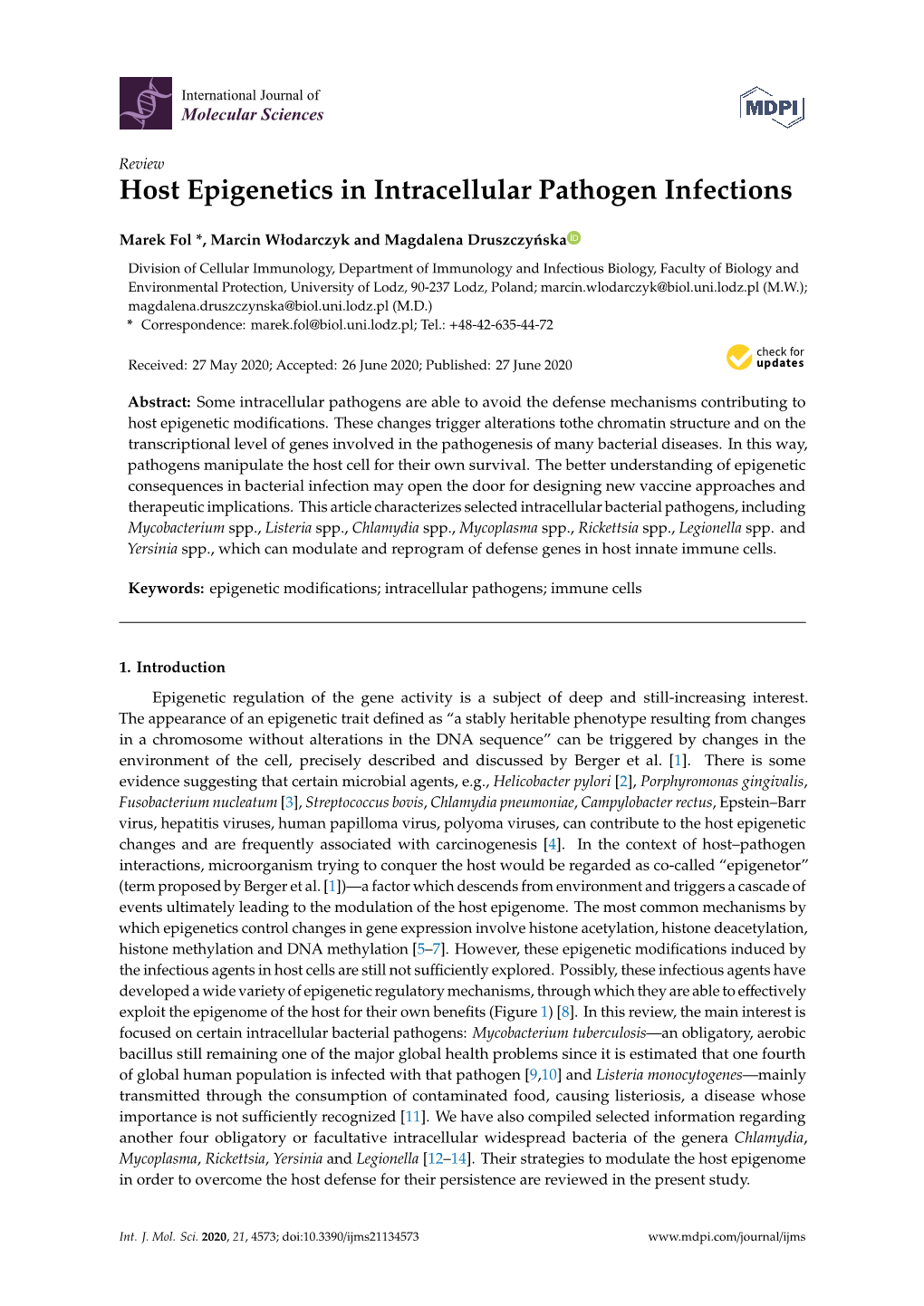 Host Epigenetics in Intracellular Pathogen Infections