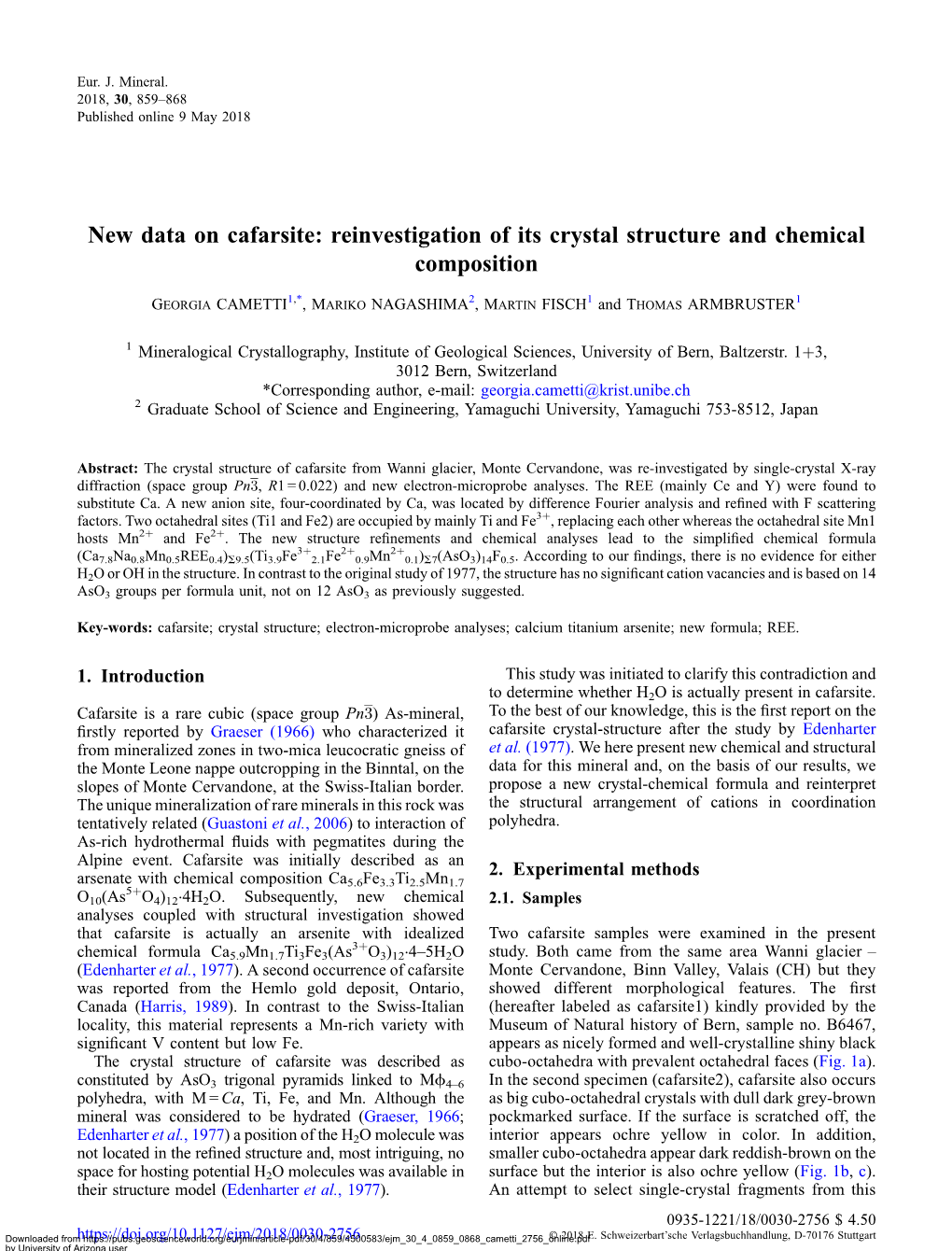 New Data on Cafarsite: Reinvestigation of Its Crystal Structure and Chemical Composition