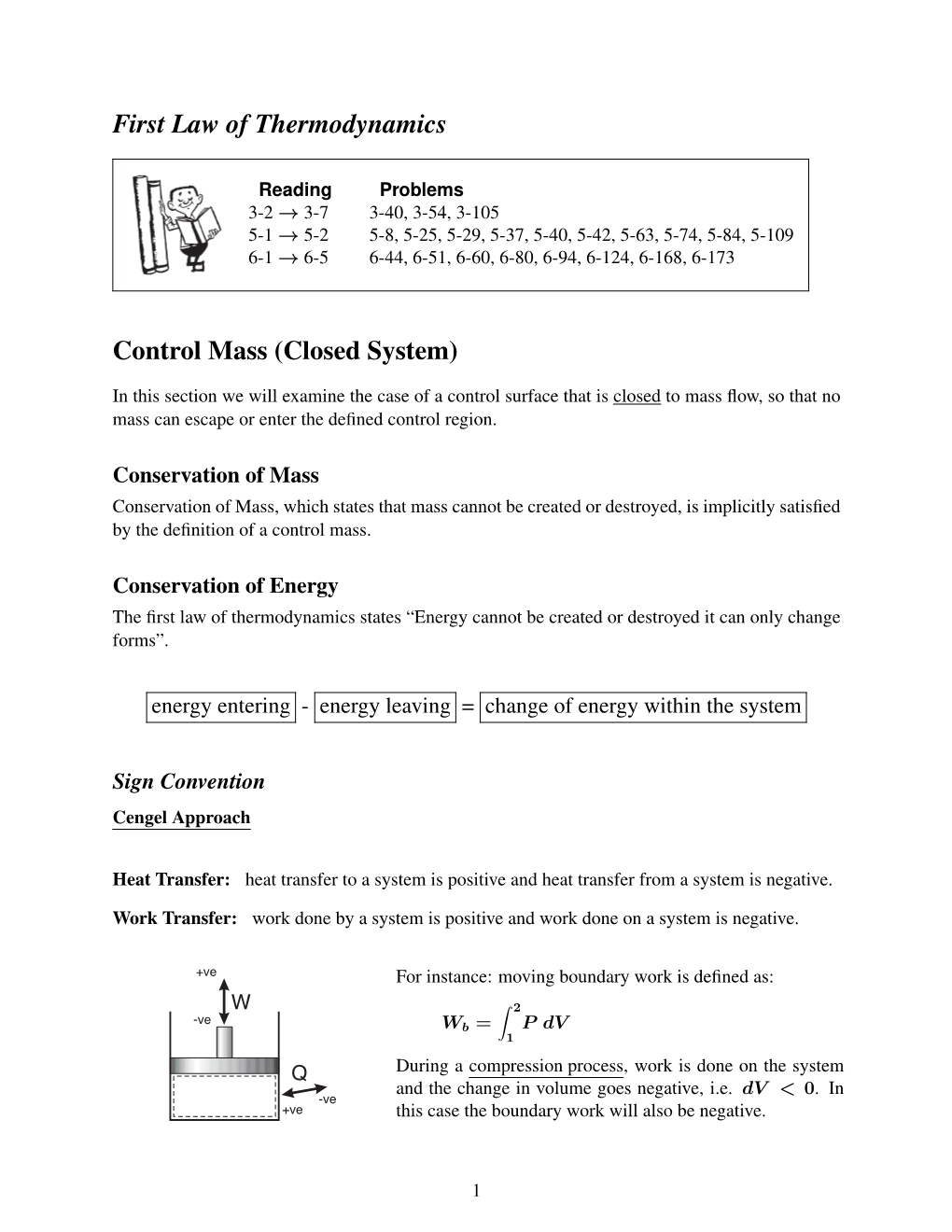 First Law of Thermodynamics Control Mass (Closed System)