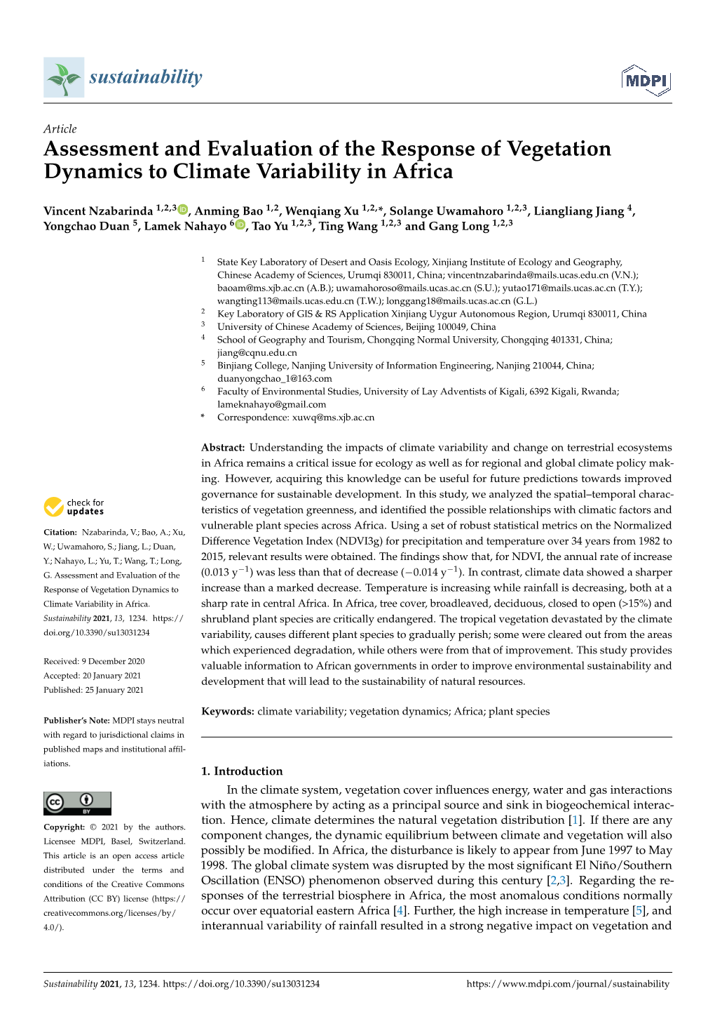 Assessment and Evaluation of the Response of Vegetation Dynamics to Climate Variability in Africa