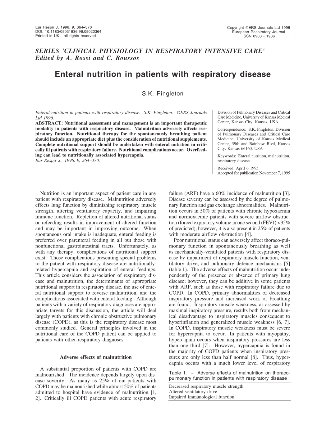 Enteral Nutrition in Patients with Respiratory Disease