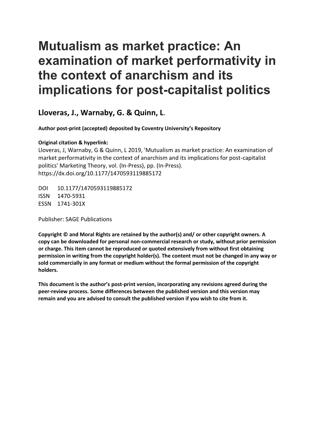 Mutualism As Market Practice: an Examination of Market Performativity in the Context of Anarchism and Its Implications for Post-Capitalist Politics