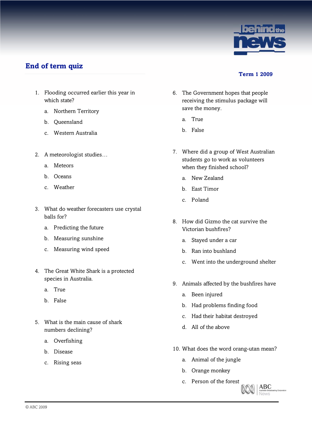 End of Term Quiz Term 1 2009