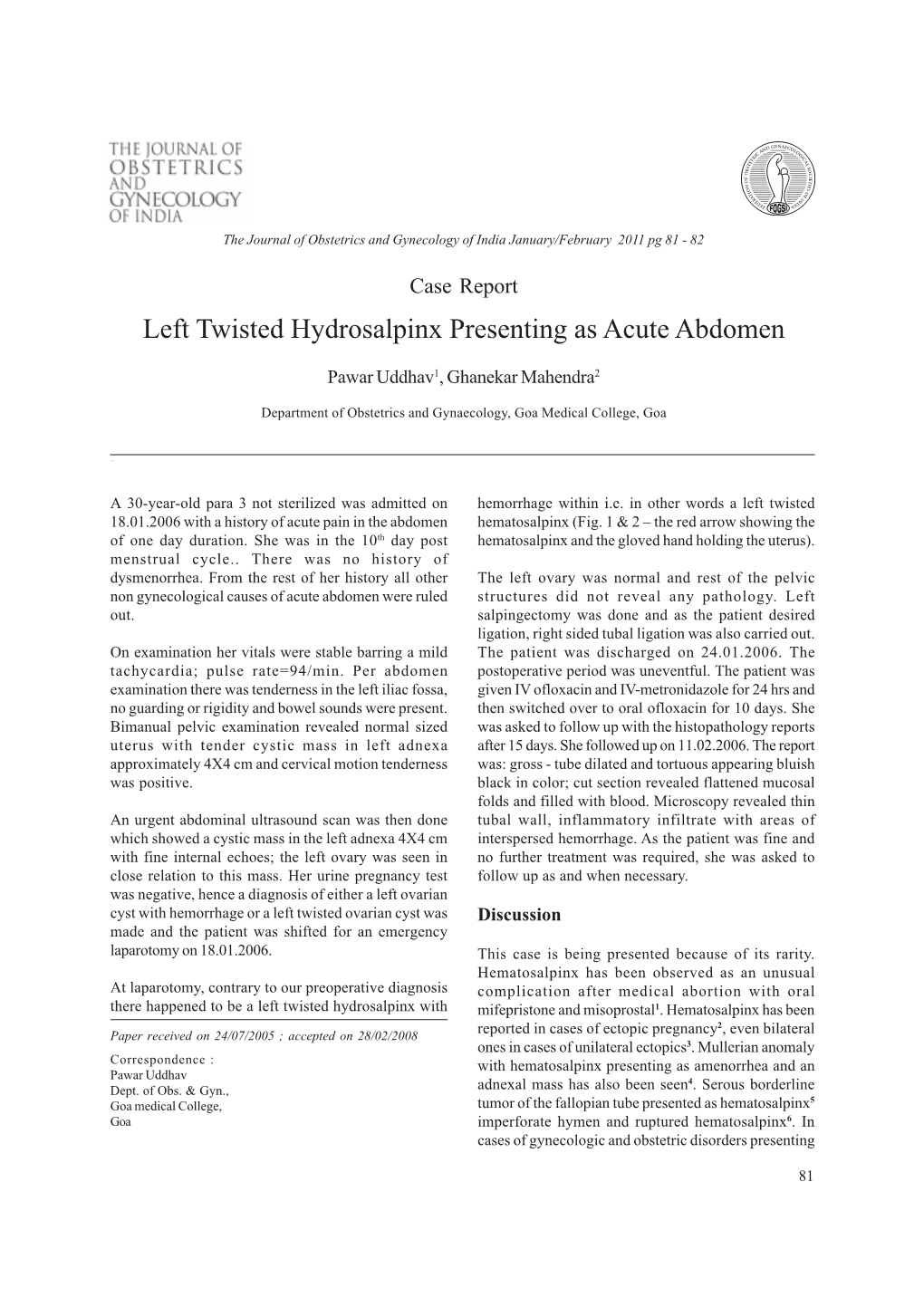 Left Twisted Hydrosalpinx Presenting As Acute Abdomen