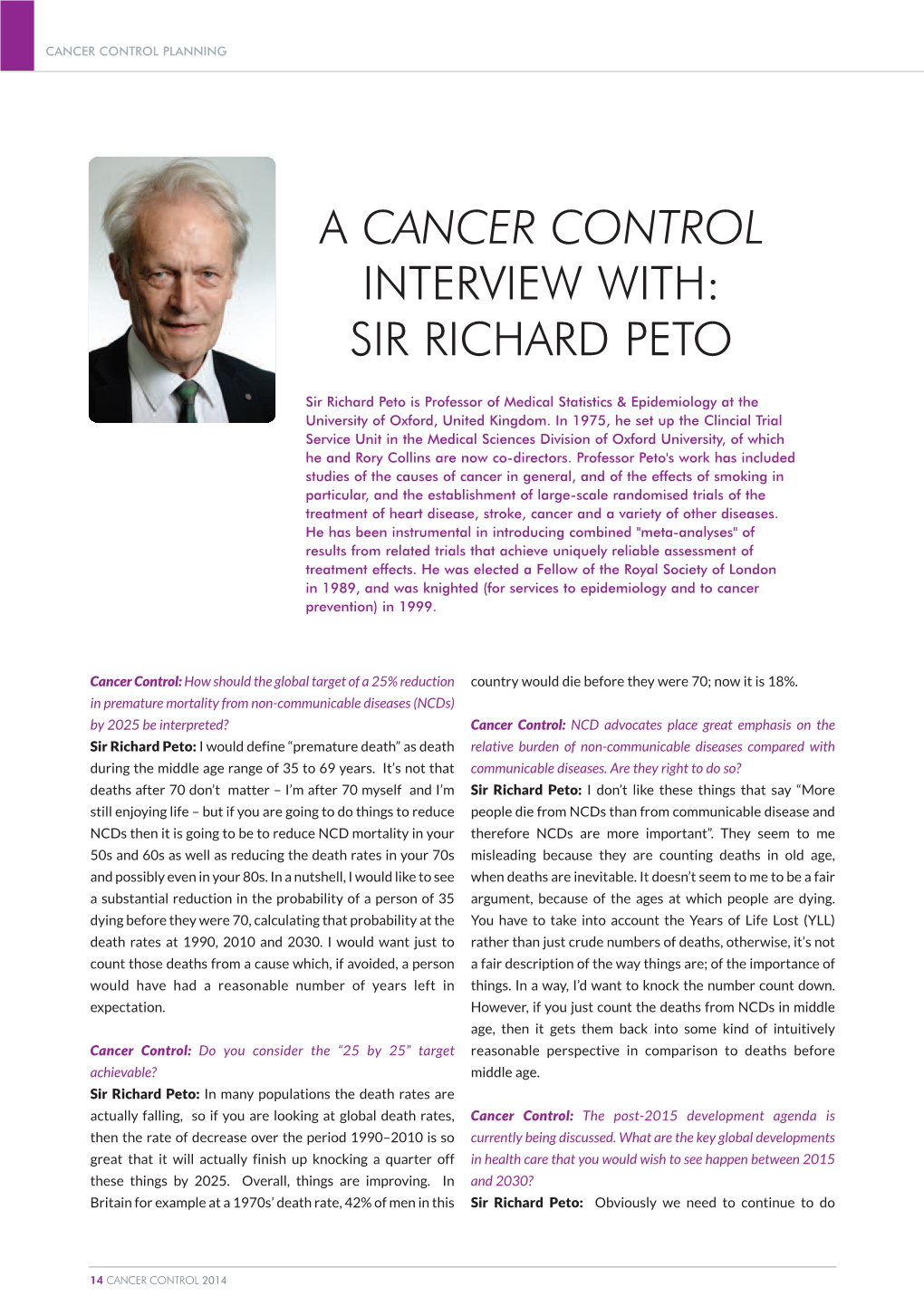 A Cancer Control Interview With: Sir Richard Peto