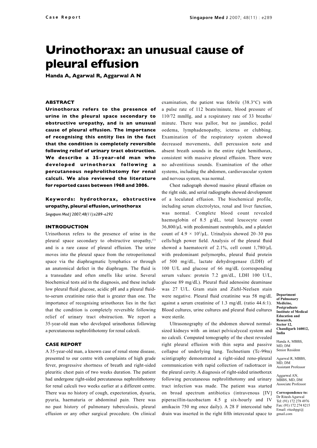 Urinothorax: an Unusual Cause of Pleural Effusion Handa A, Agarwal R, Aggarwal a N