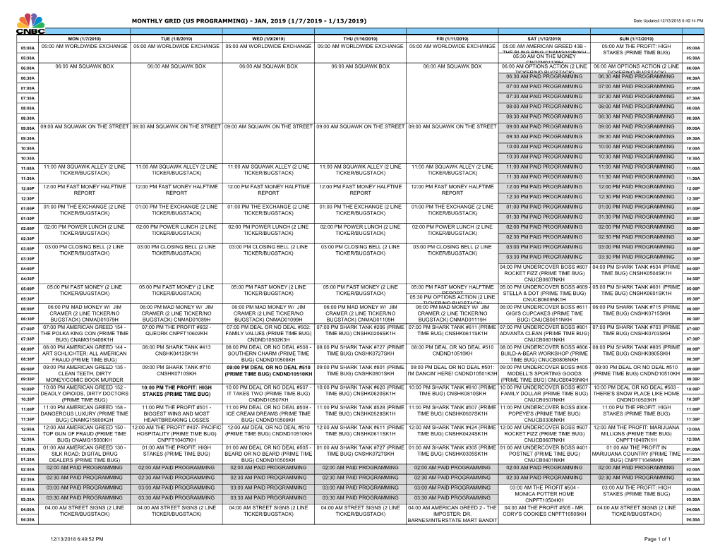 (US PROGRAMMING) - JAN, 2019 (1/7/2019 - 1/13/2019) Date Updated:12/13/2018 6:40:14 PM
