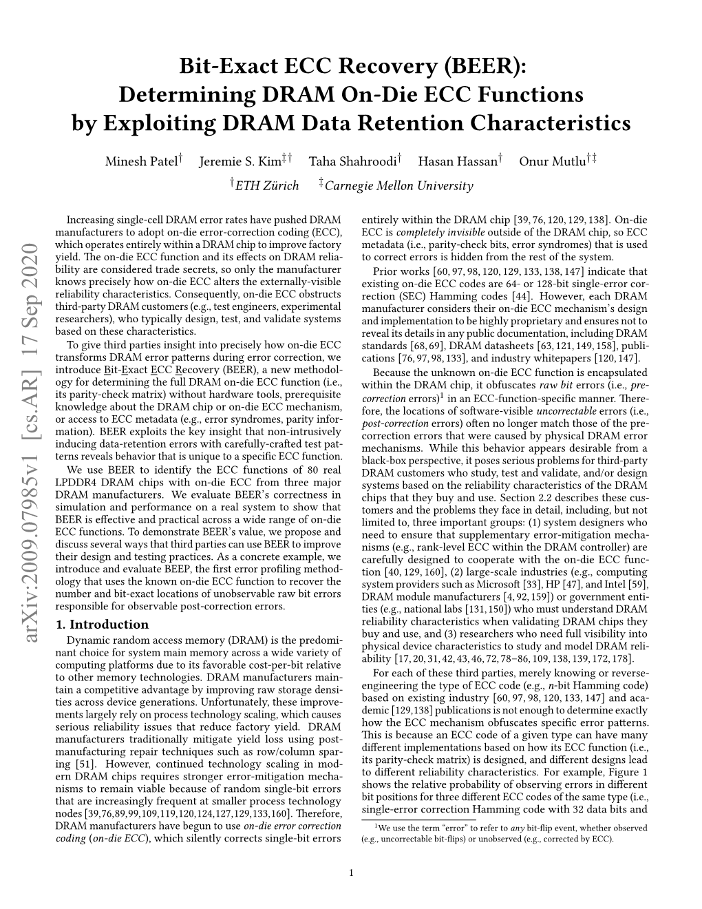 (BEER): Determining DRAM On-Die ECC Functions by Exploiting DRAM Data Retention Characteristics