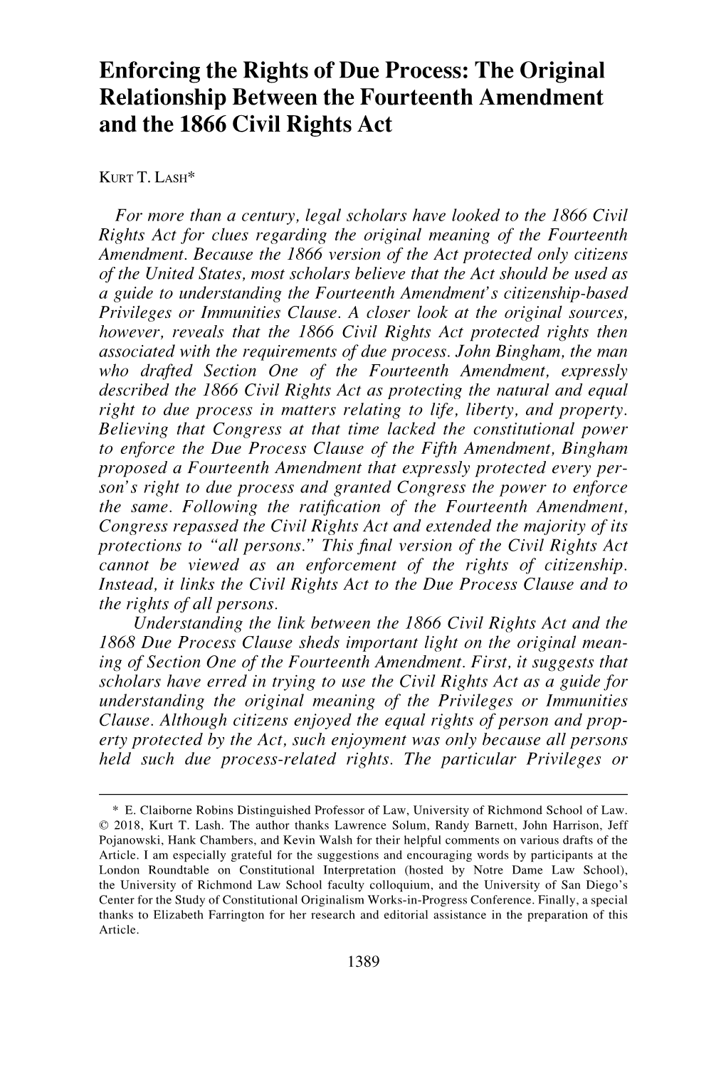 Enforcing the Rights of Due Process: the Original Relationship Between the Fourteenth Amendment and the 1866 Civil Rights Act