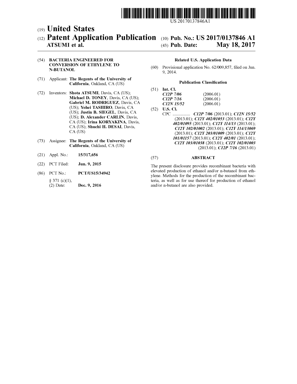 (12) Patent Application Publication (10) Pub. No.: US 2017/0137846A1 ATSUMI Et Al