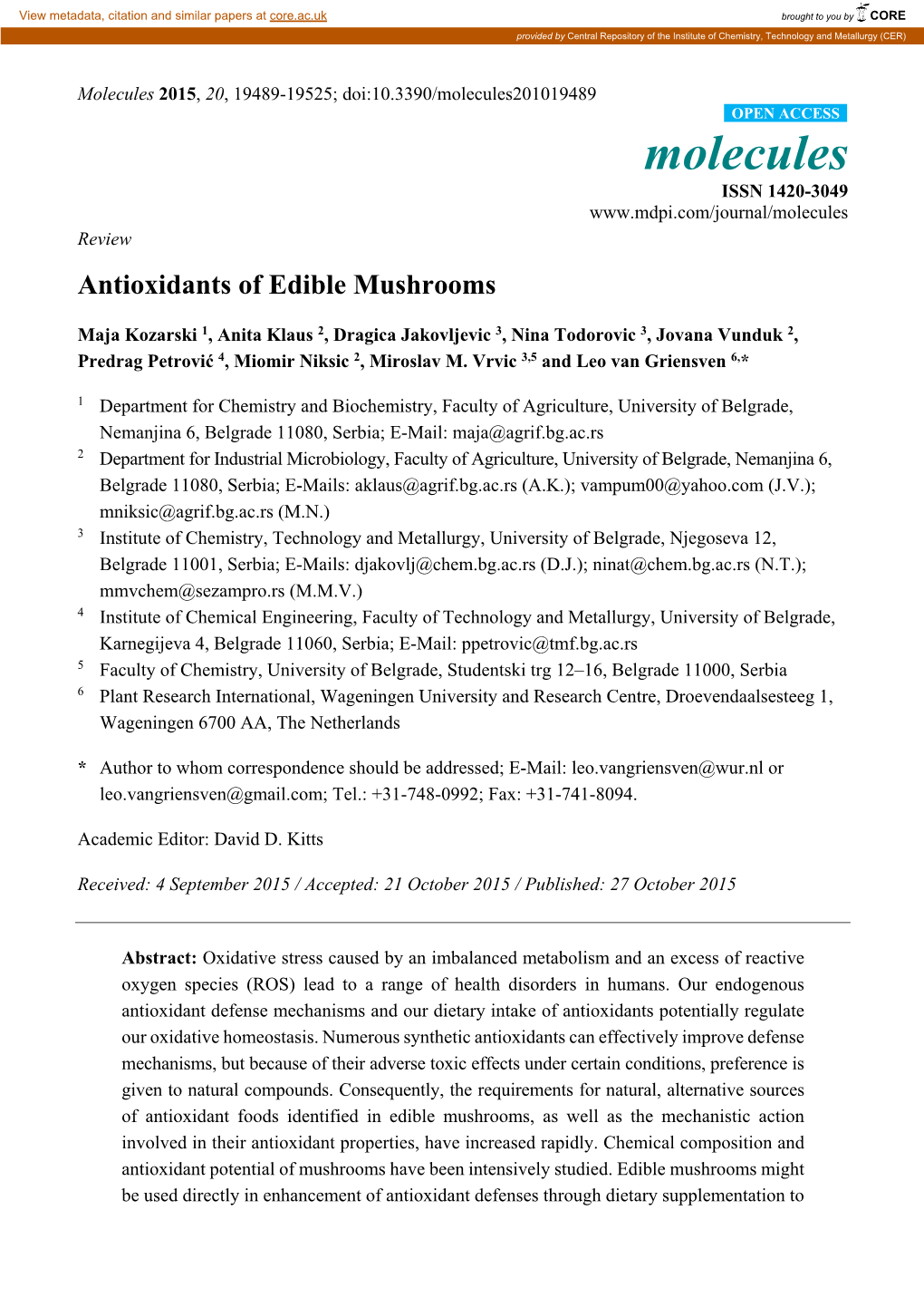 Antioxidants of Edible Mushrooms