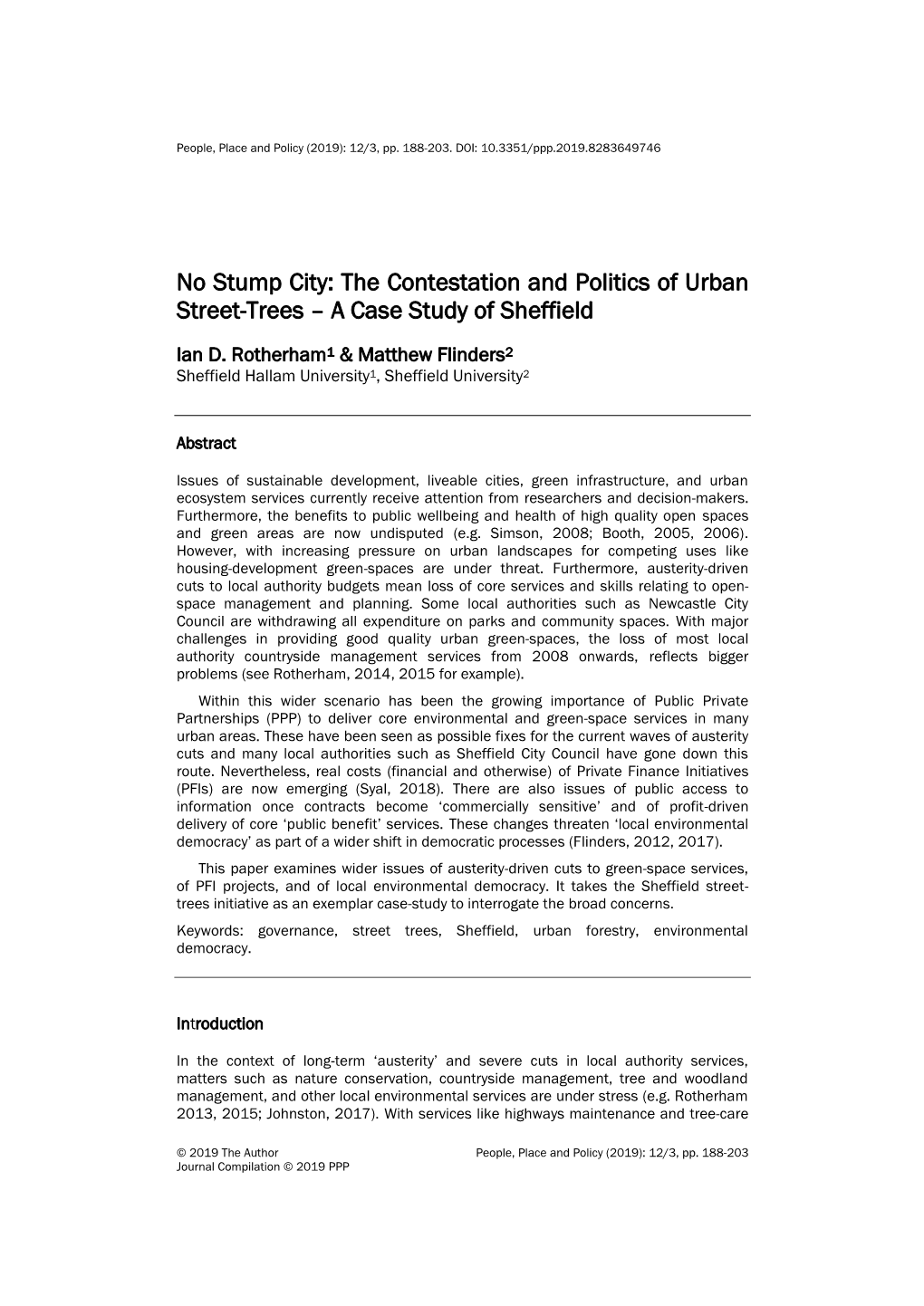 No Stump City: the Contestation and Politics of Urban Street-Trees – a Case Study of Sheffield