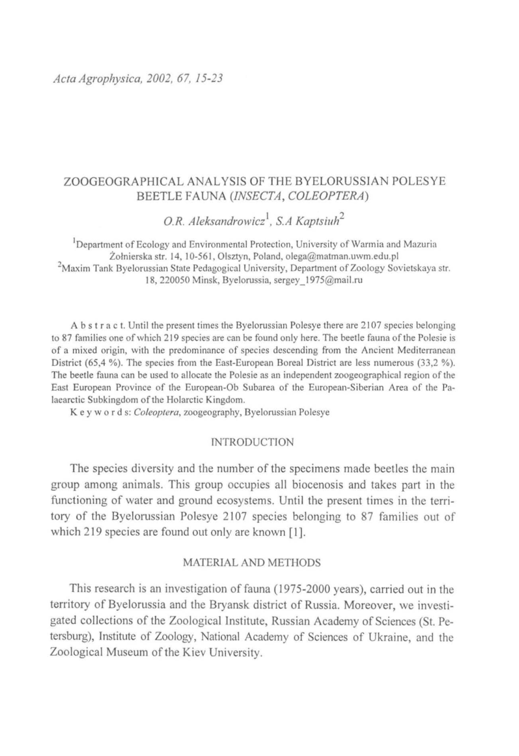 Acla Agrophysica, 2002, 67, 15-23 ZOOGEOGRAPHICAL ANALYSIS