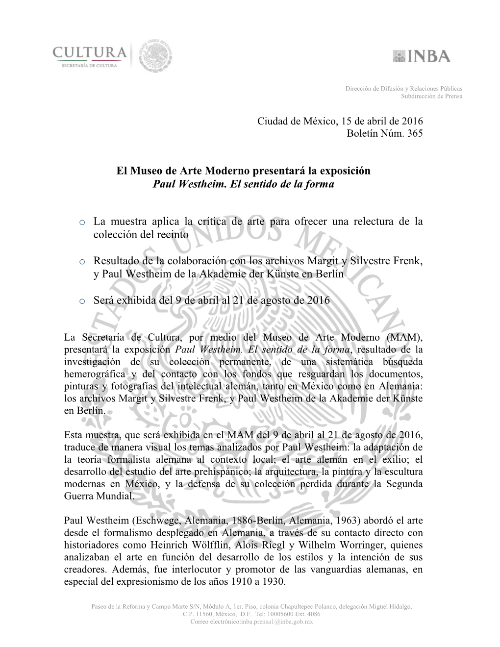 El Museo De Arte Moderno Presentará La Exposición Paul Westheim. El Sentido De La Forma