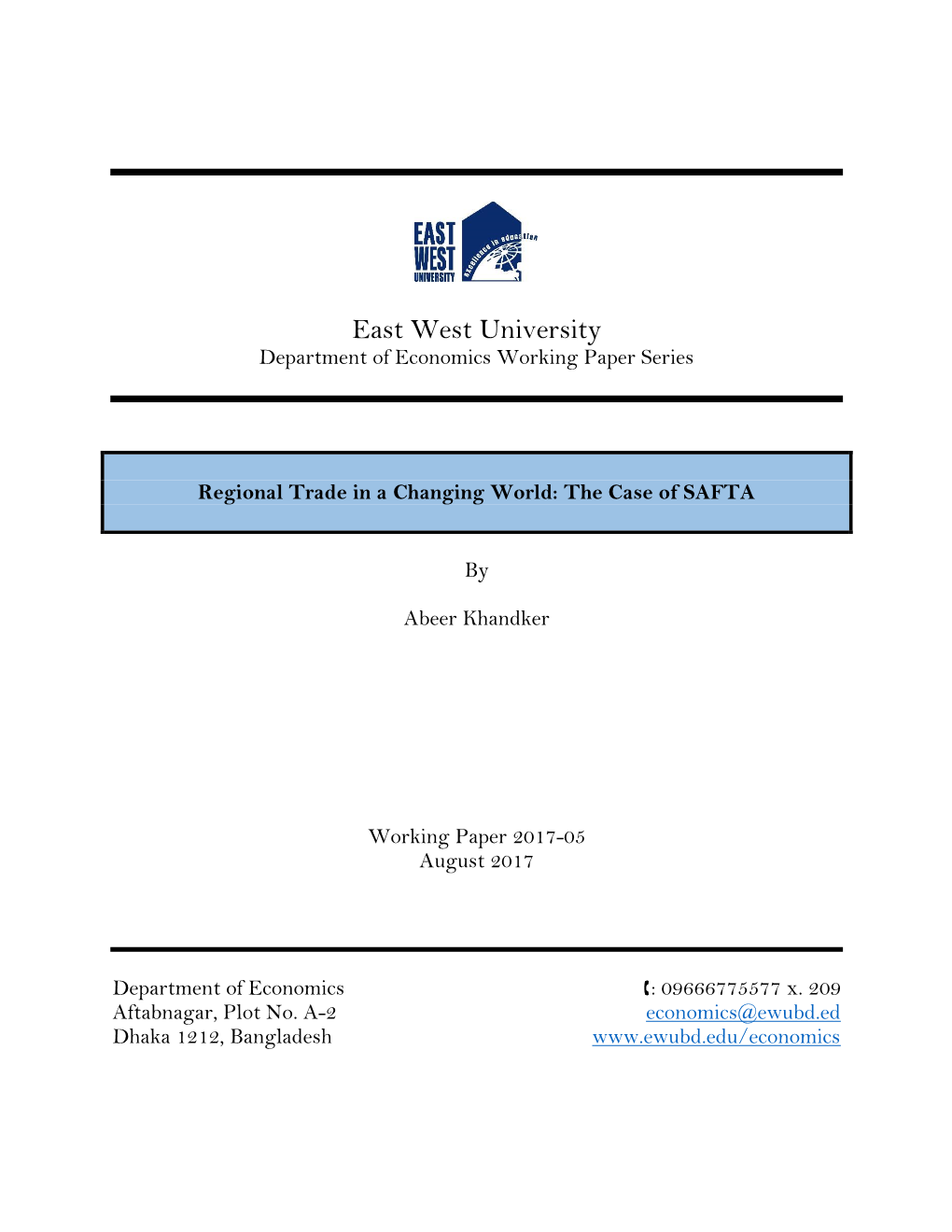 East West University Department of Economics Working Paper Series