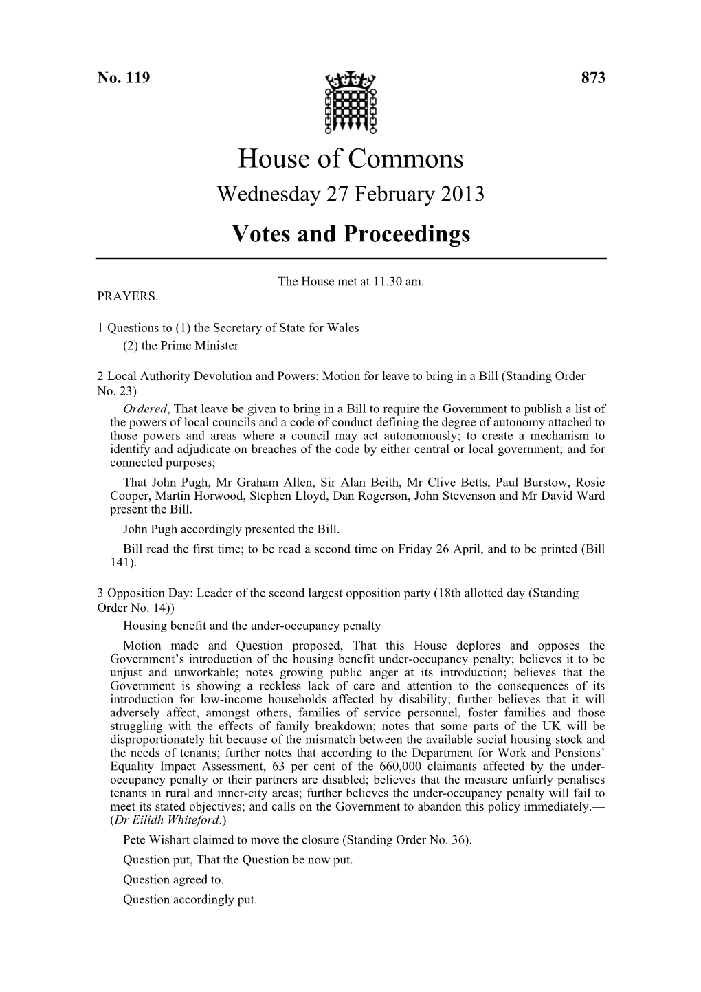 House of Commons Wednesday 27 February 2013 Votes and Proceedings