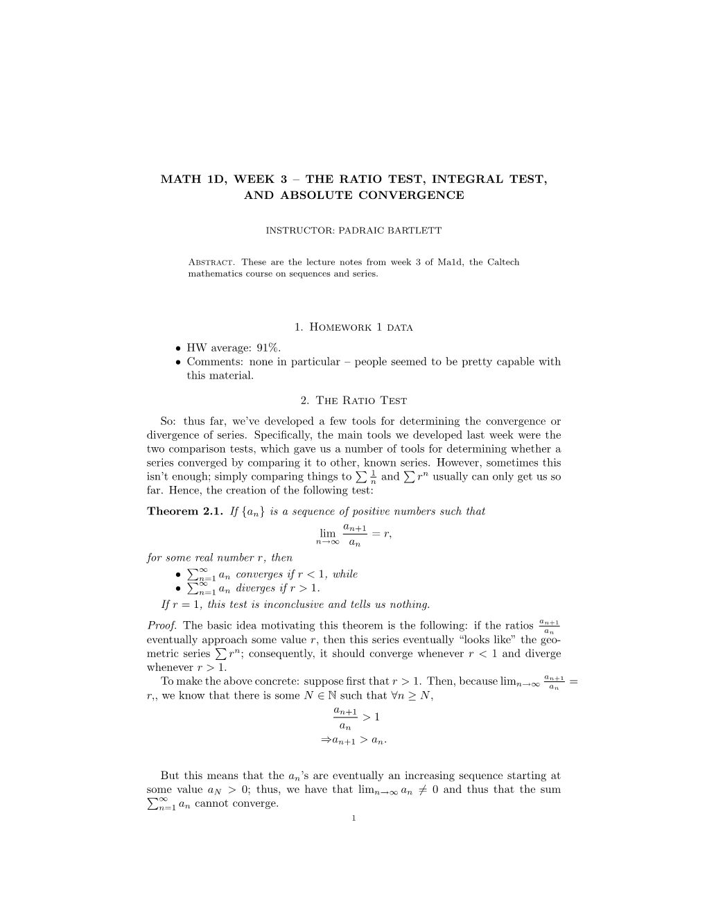 The Ratio Test, Integral Test, and Absolute Convergence