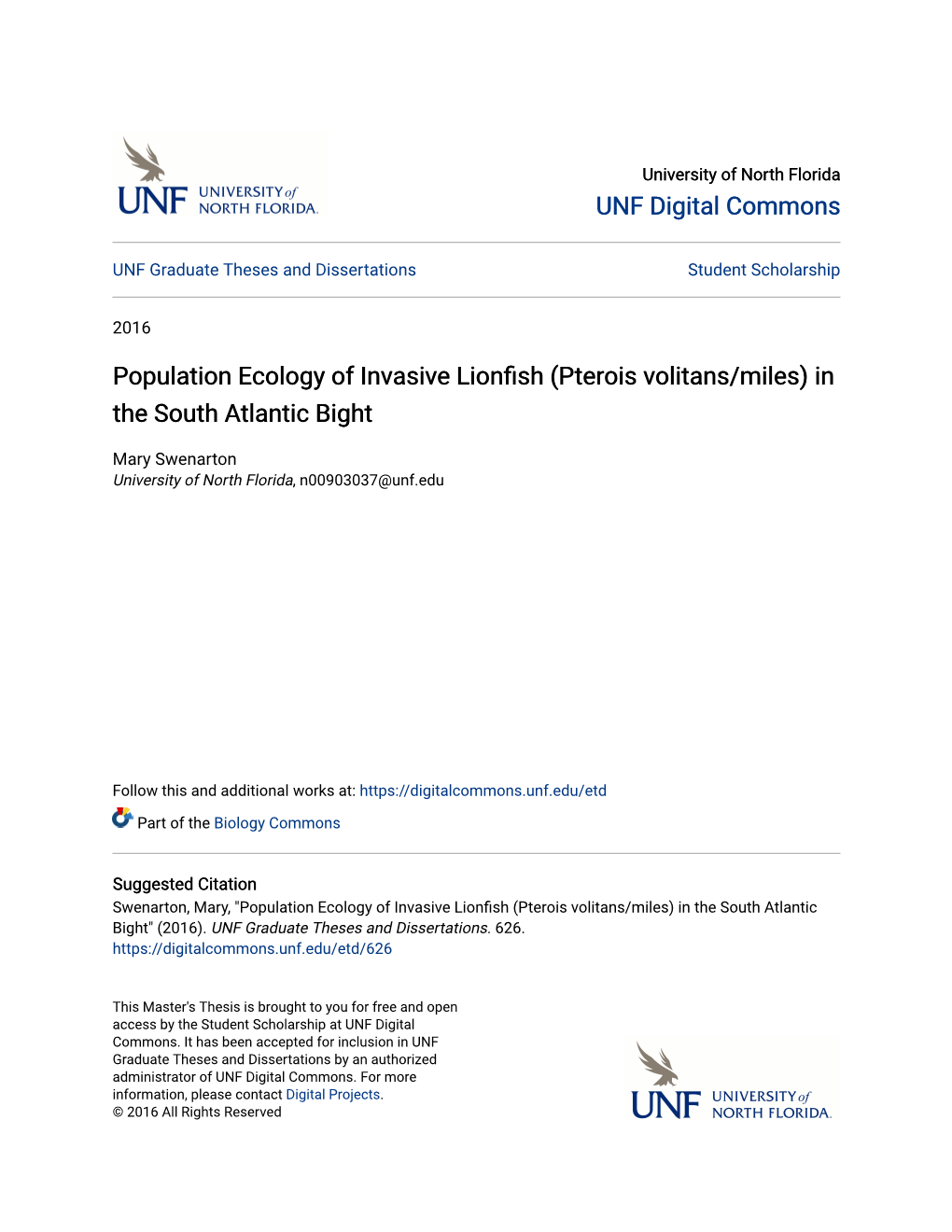 Population Ecology of Invasive Lionfish (Pterois Volitans/Miles) in the South Atlantic Bight