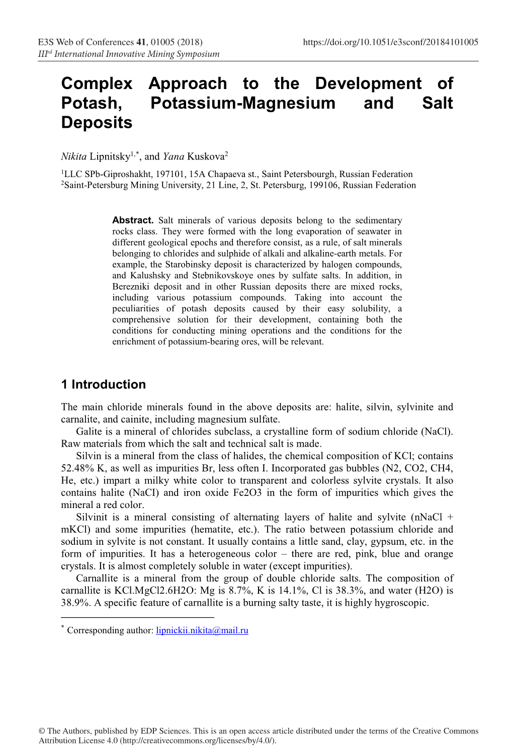 Complex Approach to the Development of Potash, Potassium-Magnesium and Salt Deposits