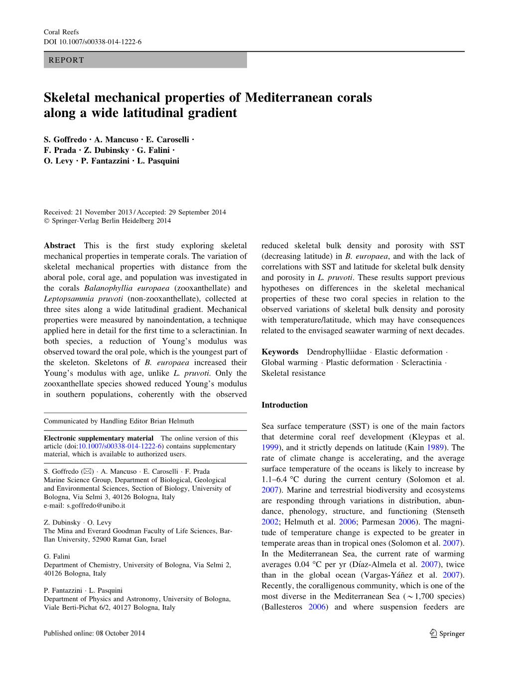 Skeletal Mechanical Properties of Mediterranean Corals Along a Wide Latitudinal Gradient