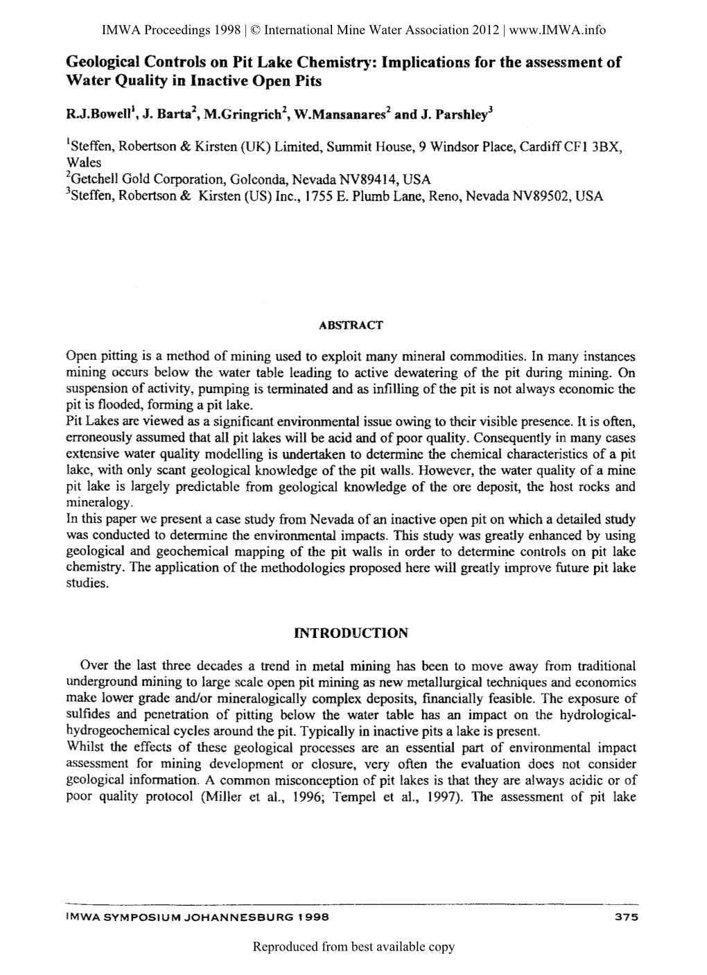 Geological Controls on Pit Lake Chemistry: Implications for the Assessment of Water Quality in Inactive Open Pits