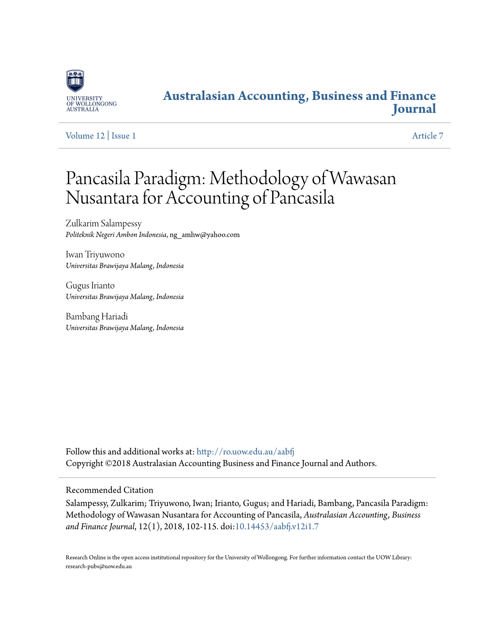 Pancasila Paradigm: Methodology of Wawasan Nusantara for Accounting of Pancasila Zulkarim Salampessy Politeknik Negeri Ambon Indonesia, Ng Amhw@Yahoo.Com