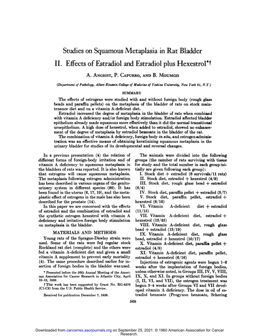 Studies on Squamous Metaplasia in Rat Bladder II . Effects of Estradiol and Estradiol Plus Hexestrol*T