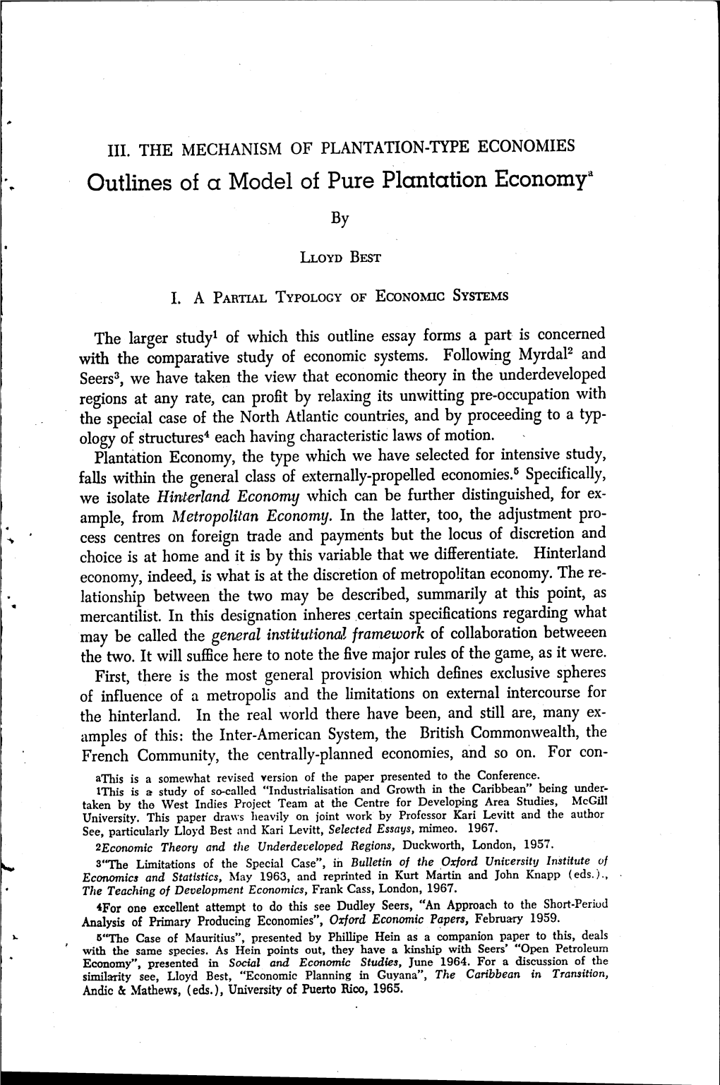 Outlines of a Model of Pure Plantation Economr By