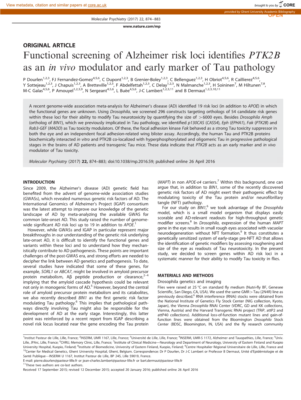 Functional Screening of Alzheimer Risk Loci Identifies PTK2B As An