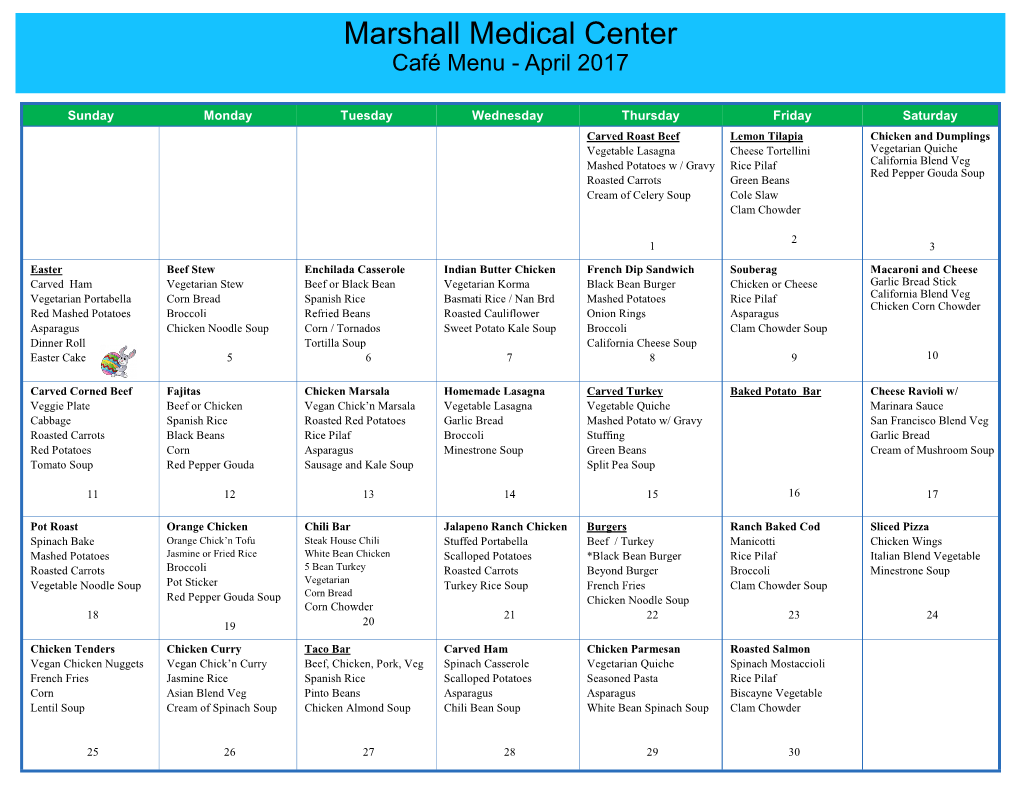 Marshall Medical Center Café Menu - April 2017